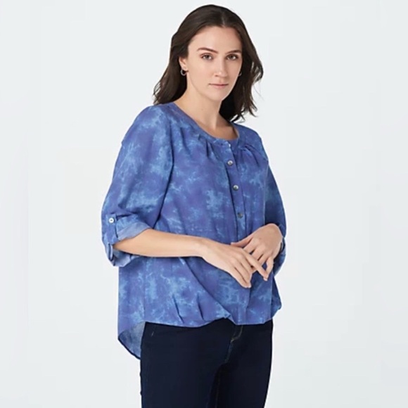 LOGO by Lori Goldstein Button Front Tie-Dye Blouse Blue Size Small 3/4 Sleeve - Picture 1 of 12